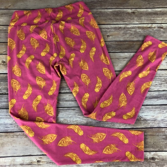 22 LuLaRoe Pink with Yellow Feather Leggings. Size OS - Picture 3 of 4